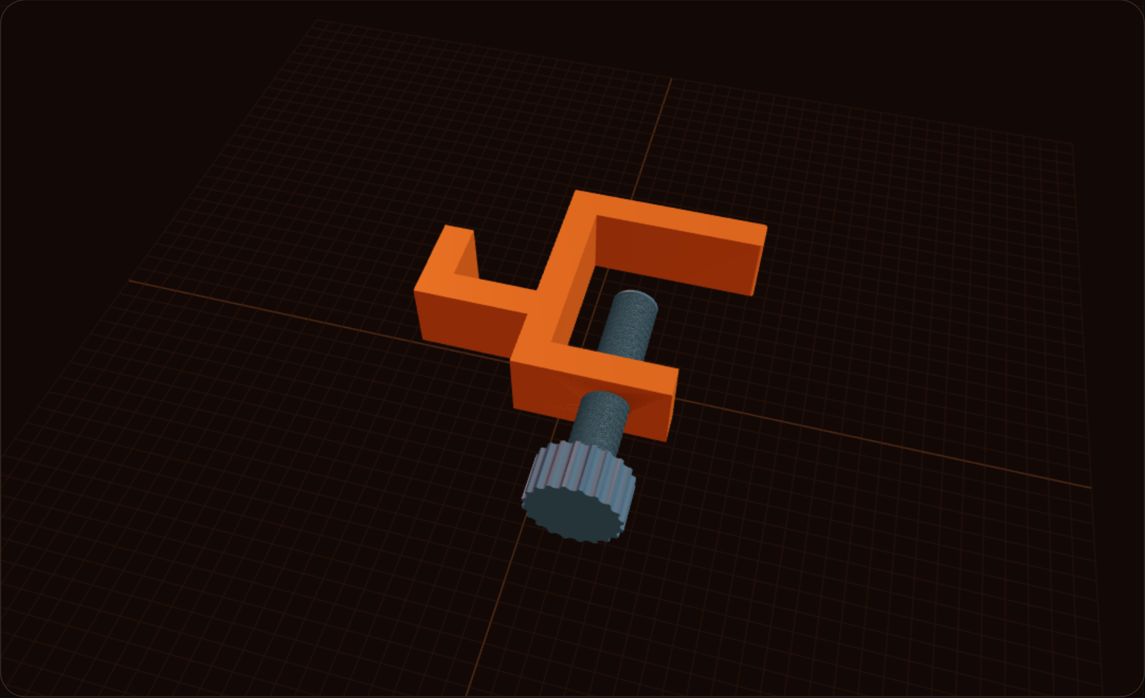 Desk clamp generator preview: a C-frame desk hook with a printed clamping screw sitting on a grid