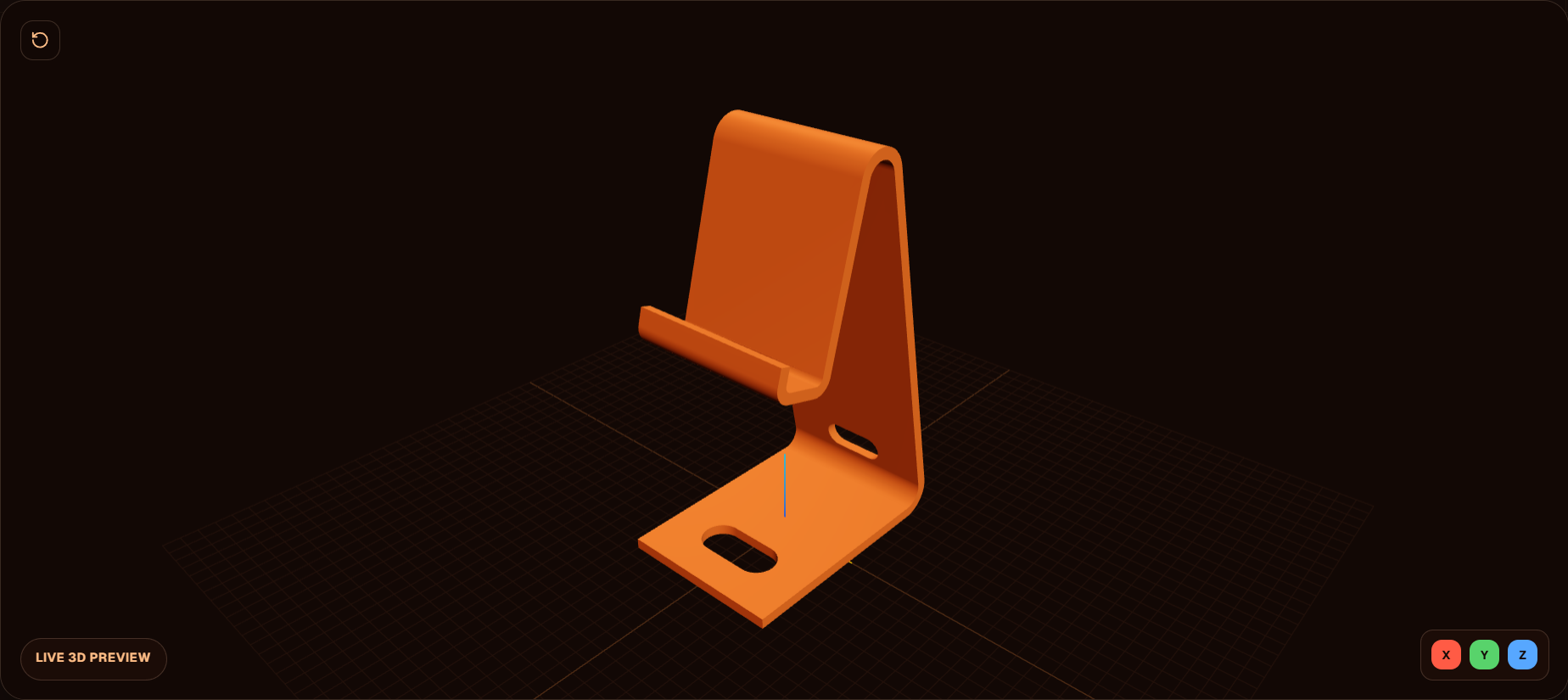 3D printable phone stand generator preview: a floating print-in-place stand on a grid