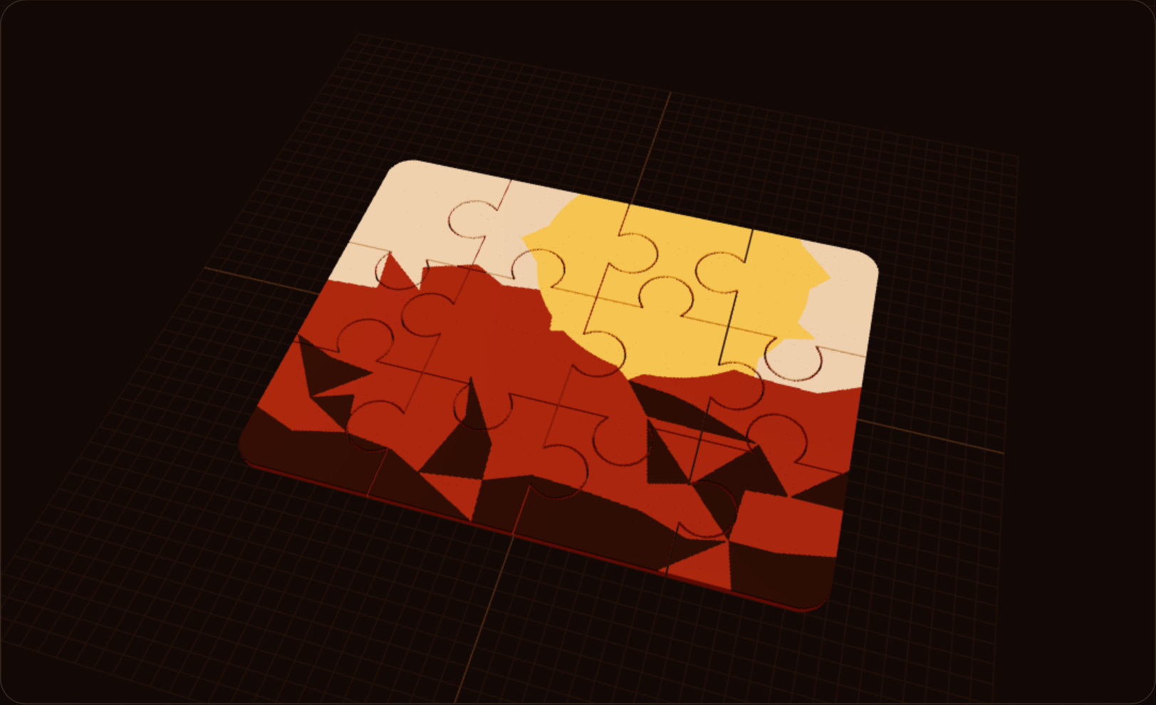 3D printable photo puzzle generator preview: a four-color landscape photo cut into interlocking rounded jigsaw pieces